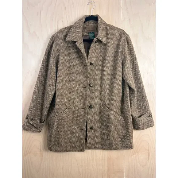 Lauren Ralph Lauren Wool Coat Brown Herringbone Button Front Women’s M - Picture 1 of 11